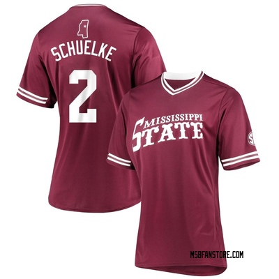 Women's Cam Schuelke Mississippi State Bulldogs Replica Maroon V-Neck Baseball Jersey